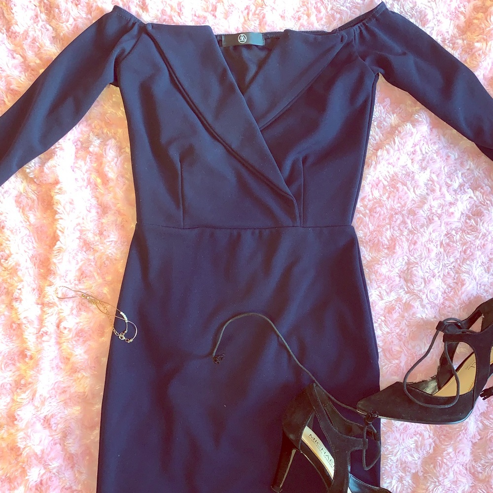 Missguided navy off the shoulder wrap dress